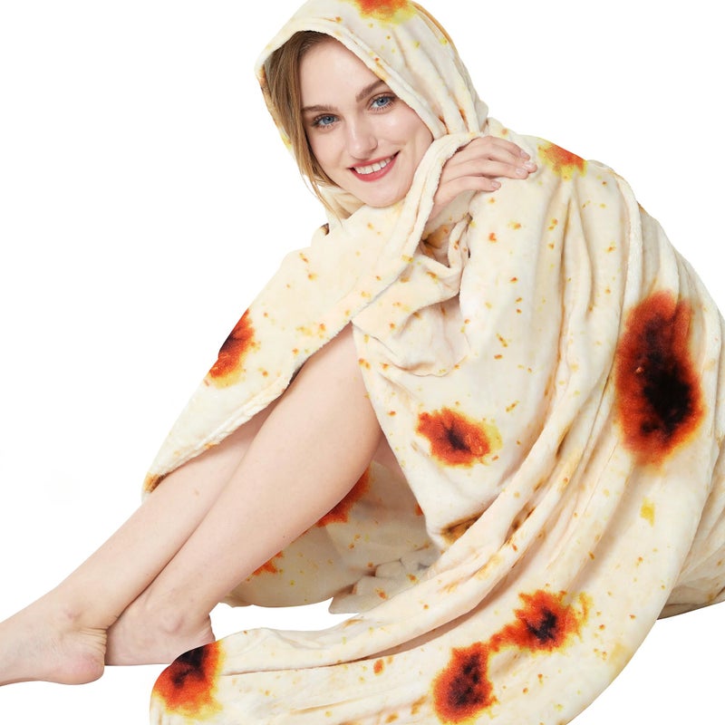 LetsFunny Burrito Tortilla Throw Blanket, 60in Double Sided Burrito Taco Tortilla Wrap Blankets, Giant Funny Realistic Food Blankets, Soft Lightweight Flannel Round Blanket for White Elephant Gift - Image 1